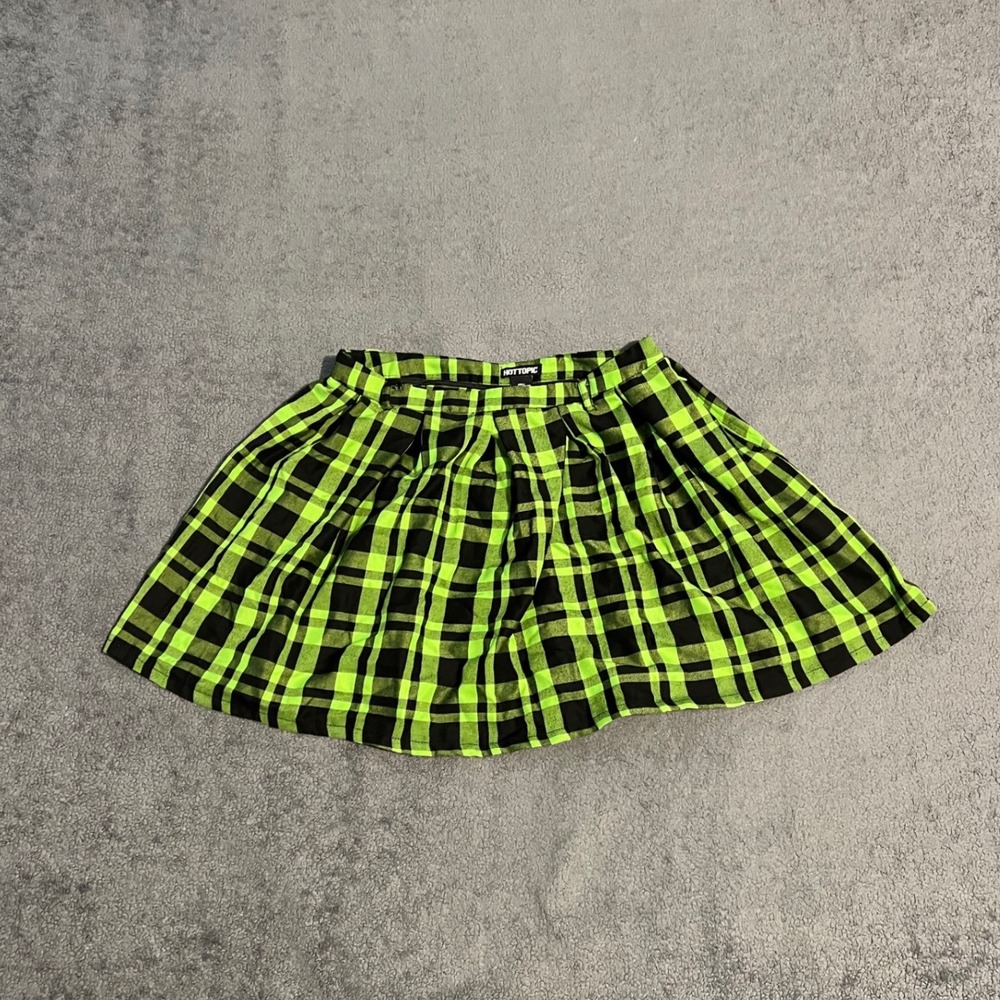 Hot Topic Neon Green Black Plaid Pleated Mini Skirt Alt Punk Goth MD